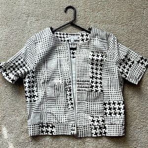 CAbi EUC black and white double zipper crop jacket with elastic back